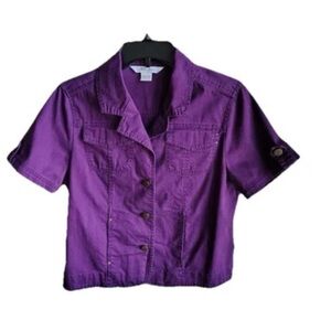 Y2K Studded Button Up Jean Shirt Womens 8 Purple Cropped Western Flap Pockets